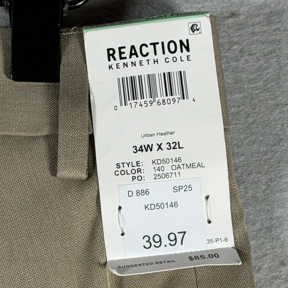 Reaction Kenneth Cole Men Slim Fit Dress Pants Oatmeal Heather 34x32 KD50146 NWT